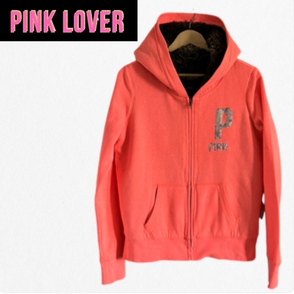 Victoria Secret Pink Faux Fur Peach Neon Bedazzled Zip-Up Hoodie